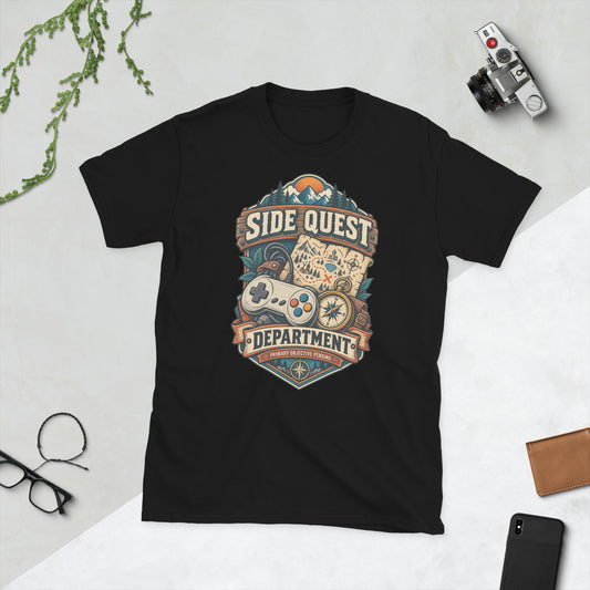 Side Quest Department funny gaming graphic T-shirt in black