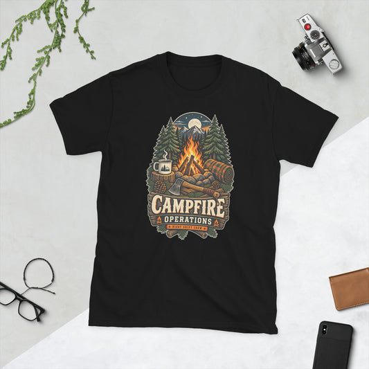 Campfire Operations funny camping graphic T-shirt in black