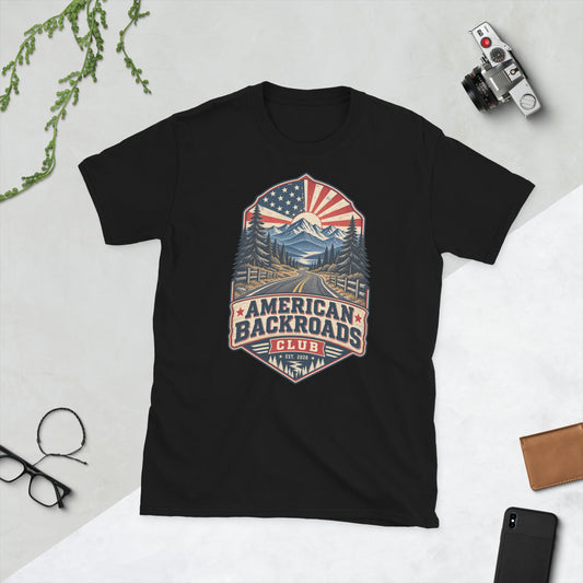 American Backroads Club patriotic graphic T-shirt in black
